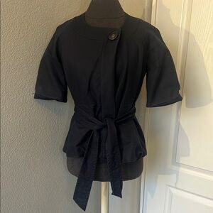 J. Crew Navy Textured Tie Front Button Cotton Blouse Size 0